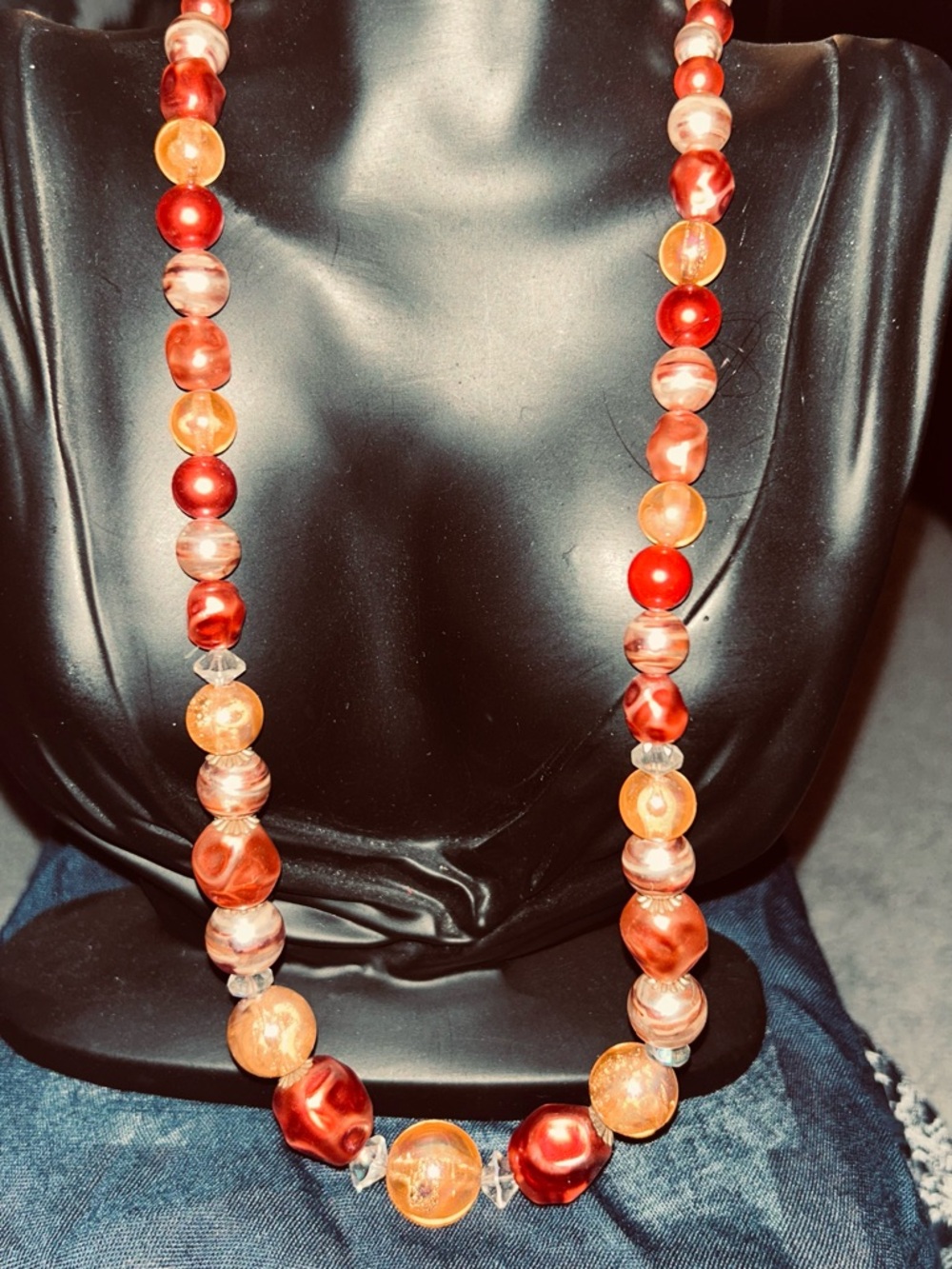 Vintage Warm Red & Orange Bead Statement Necklace - Women Jewelry